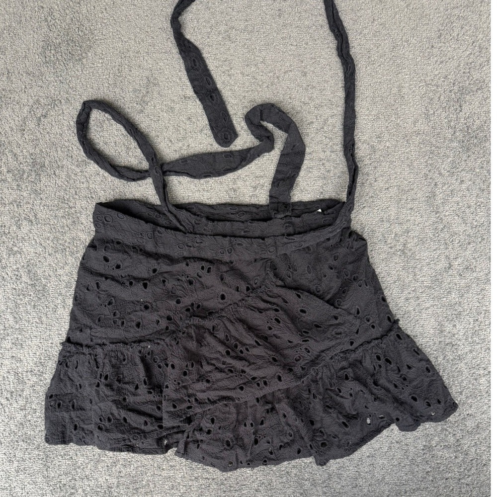 Z&L Europe Black Eyelet Lace Ruffle Mini Skirt Tie Waist Boho Size M